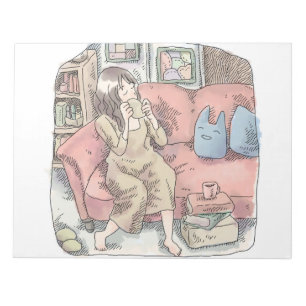 さなににじ お部屋の中で真っ赤なソファに腰を掛けてまったりカップをすする女性のイラスト ノートパッド
