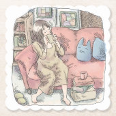 さなににじ　お部屋の中で真っ赤なソファに腰を掛けてまったりカップをすする女性のイラスト ペーパーコースター (正面)