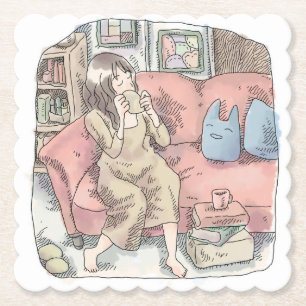 さなににじ お部屋の中で真っ赤なソファに腰を掛けてまったりカップをすする女性のイラスト ペーパーコースター