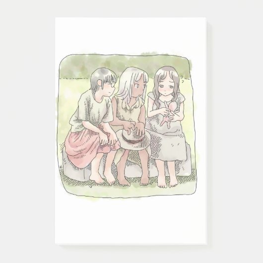 さなにやじ 野外で、椅子に座って仲良くしている三人の裸足の女の子のイラスト ポストイット (正面)