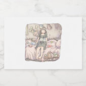 さなむさじ  寝室のピンクのベッドに腰かけて目を閉じている素足の女性のイラスト スパークリングワインラベル (シングルラベル)