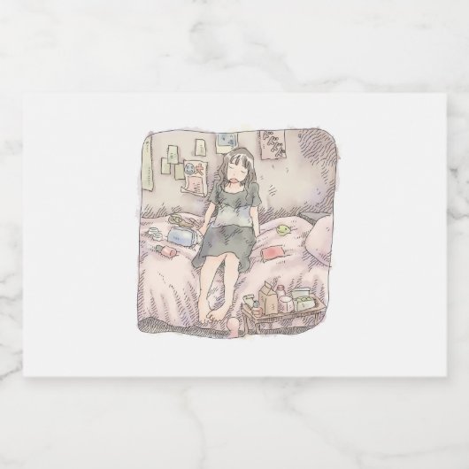 さなむさじ  寝室のピンクのベッドに腰かけて目を閉じている素足の女性のイラスト スパークリングワインラベル (シングルラベル)