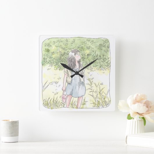 さなむなじ 緑の草原に立って周囲を見渡す女性のイラスト スクエア壁時計 (ホーム)