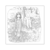 さなむやじ 野外の木の下に座るピンクのウサギと手を引いて歩く女性のイラスト ラバースタンプ (インプリント)