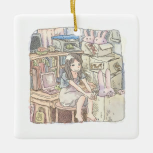 さなむれじ　箱がたくさん積んであるお部屋で箱の中のウサギを見る座っている女性のイラスト セラミックオーナメント