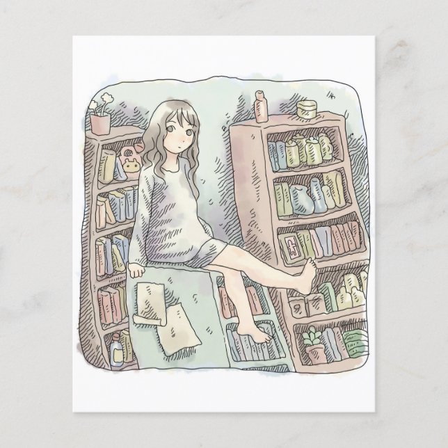 さなやくじ　水色のお部屋で、たくさんある本棚の一つの上に座っている素足の女性のイラスト (正面)