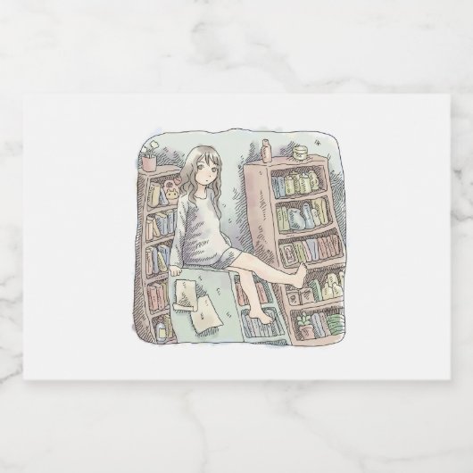 さなやくじ　水色のお部屋で、たくさんある本棚の一つの上に座っている素足の女性のイラスト スパークリングワインラベル (シングルラベル)
