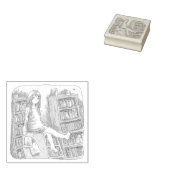 さなやくじ 水色のお部屋で、たくさんある本棚の一つの上に座っている素足の女性のイラスト ラバースタンプ (押印)