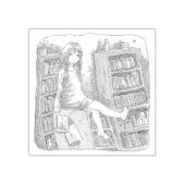 さなやくじ 水色のお部屋で、たくさんある本棚の一つの上に座っている素足の女性のイラスト ラバースタンプ (インプリント)