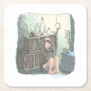 さなやにじ 薄明るい水色のお部屋の本棚のそばで座る素足の女性のイラスト スクエアペーパーコースター