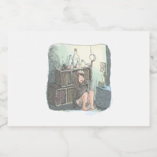 さなやにじ  薄明るい水色のお部屋の本棚のそばで座る素足の女性のイラスト スパークリングワインラベル (シングルラベル)