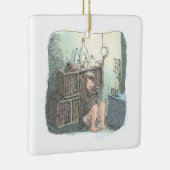 さなやにじ 薄明るい水色のお部屋の本棚のそばで座る素足の女性のイラスト セラミックオーナメント (右)