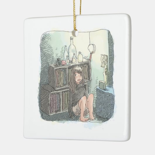 さなやにじ 薄明るい水色のお部屋の本棚のそばで座る素足の女性のイラスト セラミックオーナメント (左)