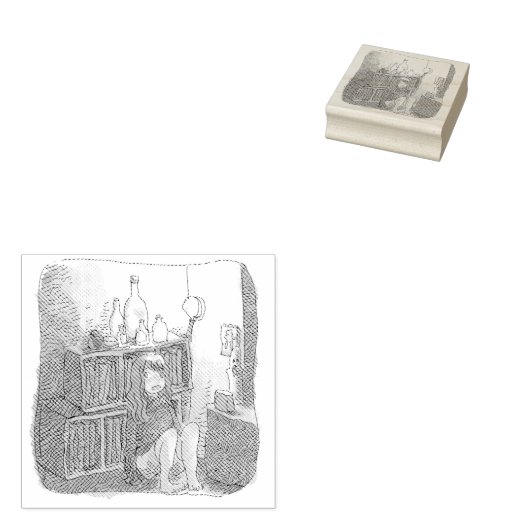 さなやにじ  薄明るい水色のお部屋の本棚のそばで座る素足の女性のイラスト ラバースタンプ (押印)