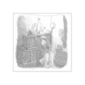 さなやにじ  薄明るい水色のお部屋の本棚のそばで座る素足の女性のイラスト ラバースタンプ (インプリント)