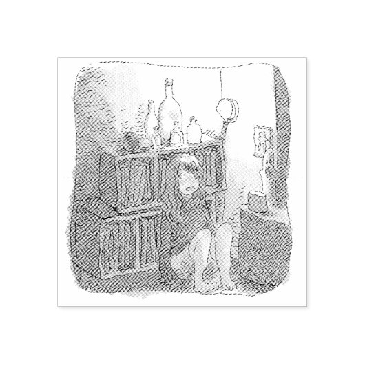 さなやにじ 薄明るい水色のお部屋の本棚のそばで座る素足の女性のイラスト ラバースタンプ (インプリント)