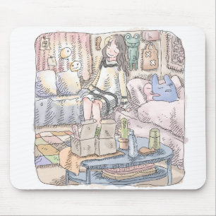 さなやむじ. たくさんのものがある薄暗いお部屋で隅っこに座って目を閉じる女性のイラスト マウスパッド