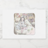 さなれなじ　寝室の壁際のベッドの上で、胡坐をかいてノートパソコンを使う女性のイラスト スパークリングワインラベル (シングルラベル)