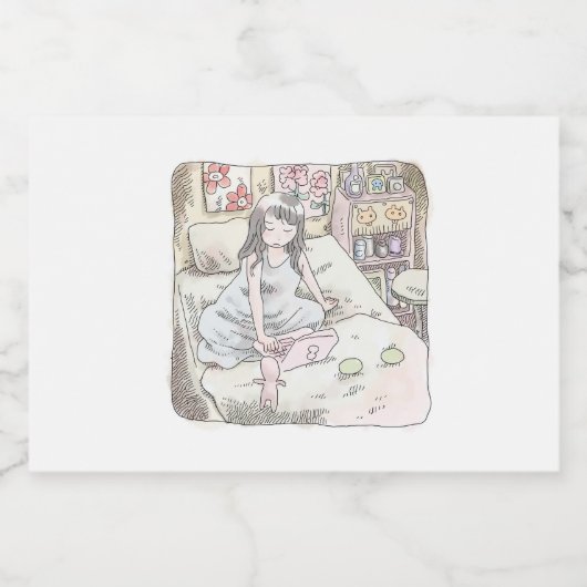 さなれなじ　寝室の壁際のベッドの上で、胡坐をかいてノートパソコンを使う女性のイラスト スパークリングワインラベル (シングルラベル)