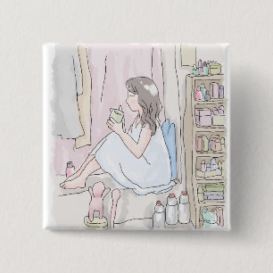 さにいむじ お部屋の隅っこで座ってお茶をすする女性のイラスト 缶バッジ