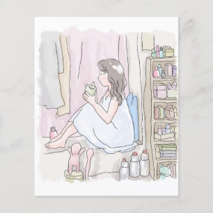 さにいむじ お部屋の隅っこのカーテンのある窓際で座って湯呑でお茶をすする女性の横姿のイラスト
