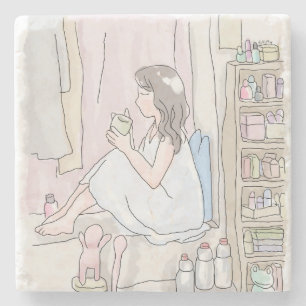 さにいむじ お部屋の隅っこのカーテンのある窓際で座って湯呑でお茶をすする女性の横姿のイラスト ストーンコースター