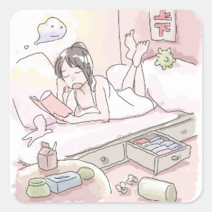 さにいれじ ピンク色の寝室の明るい照明の下で寝転んで本を読みながらくつろぐ女性のイラスト スクエアシール