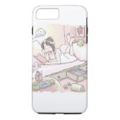 さにいれじ ピンク色の寝室の明るい照明の下で寝転んで本を読みながらくつろぐ女性のイラスト Case-Mate iPhoneケース (裏面)