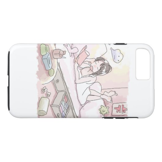 さにいれじ ピンク色の寝室の明るい照明の下で寝転んで本を読みながらくつろぐ女性のイラスト Case-Mate iPhoneケース (裏面(横))