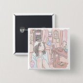 さにさいじ 赤いお部屋で座り込んでぼんやりする女性のイラスト 缶バッジ (正面&裏面)