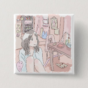 さにさいじ 赤いお部屋で座り込んでぼんやりする女性のイラスト 缶バッジ