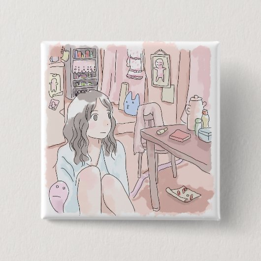 さにさいじ 赤いお部屋で座り込んでぼんやりする女性のイラスト 缶バッジ (正面)