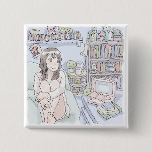 さにさむじ 水色のお部屋でソファに座ってぼんやりする女性のイラスト 缶バッジ