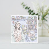 さにさむじ 青いお部屋でソファに座ってぼんやりする女性のイラスト カード (スタンド正面)