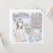 さにさむじ 青いお部屋でソファに座ってぼんやりする女性のイラスト カード (正面/裏面インサイチュ)