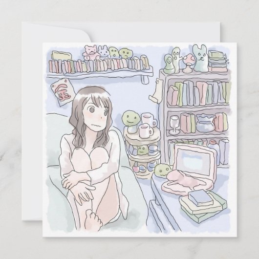 さにさむじ 青いお部屋でソファに座ってぼんやりする女性のイラスト カード (正面)