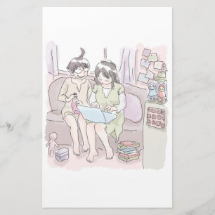 さにしいじ お部屋でソファに座ってノートパソコンでネットサーフィンする女性とそれを見ている友達 便箋