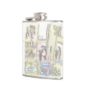 さにしごじ　黄色い洗面所で窓から覗いている兎と、洗濯カゴを持つ女性のイラスト フラスク (左)