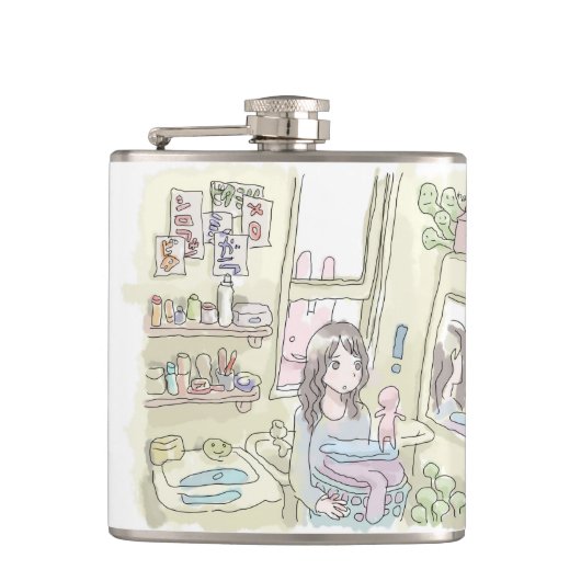 さにしごじ　黄色い洗面所で窓から覗いている兎と、洗濯カゴを持つ女性のイラスト フラスク (正面)