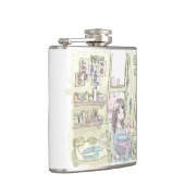 さにしごじ　黄色い洗面所で窓から覗いている兎と、洗濯カゴを持つ女性のイラスト フラスク (右)