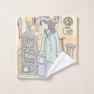 さにしむじ オレンジ色のお部屋で家具に手をついてため息を漏らす女性のイラスト ウォッシュタオル