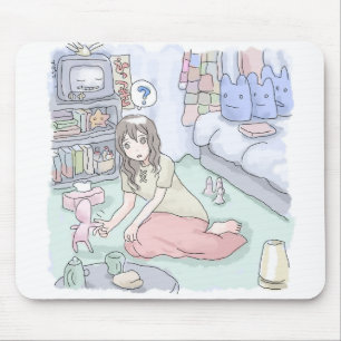 さにしれじ　緑のカーペットが敷いてある寝室でへたり込んでいる女性の マウスパッド