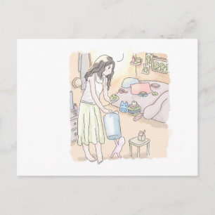 さににくじ 橙色の明るい寝室で、ごみを片付ける女性のイラスト ポストカード