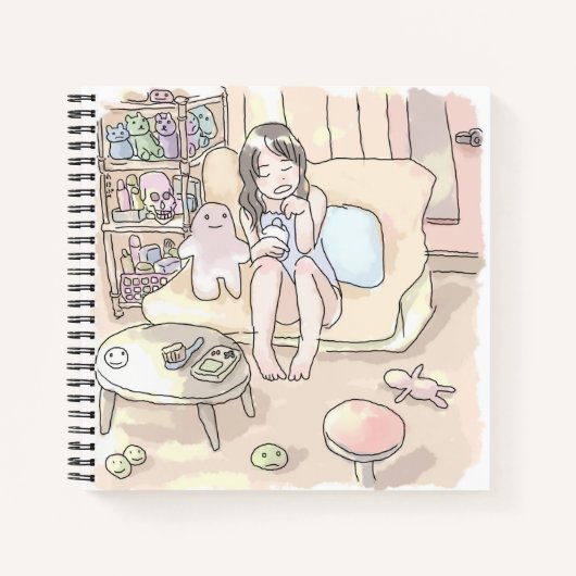 さにれやじ　　ちゃぶ台と雑貨棚のあるお部屋のソファに素足で腰掛ける女性のイラスト ノートブック (正面)