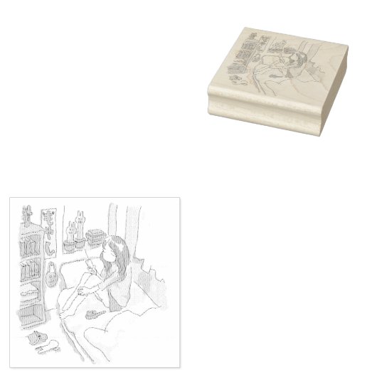 さにれれじ 水色の寝室でベッドに腰掛けてしょんぼりしている女性 ラバースタンプ (押印)