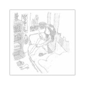 さにれれじ　水色の寝室でベッドに腰掛けてしょんぼりしている女性 ラバースタンプ (インプリント)