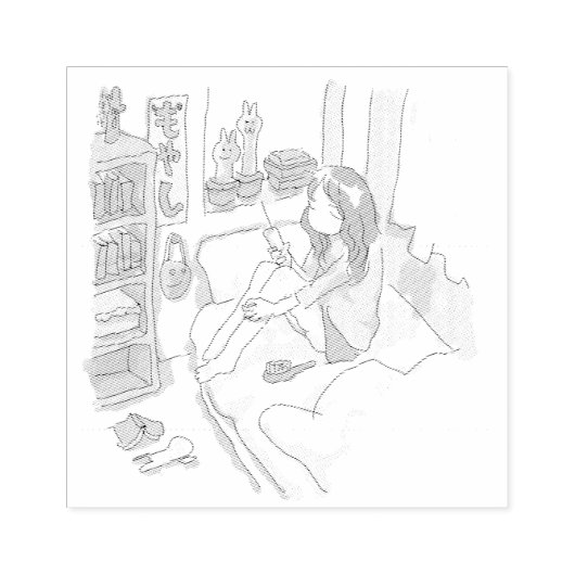 さにれれじ　水色の寝室でベッドに腰掛けてしょんぼりしている女性 ラバースタンプ (インプリント)