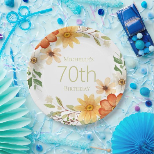さびかわいらし黄色い白い花70誕生日 ペーパープレート (パーティー)