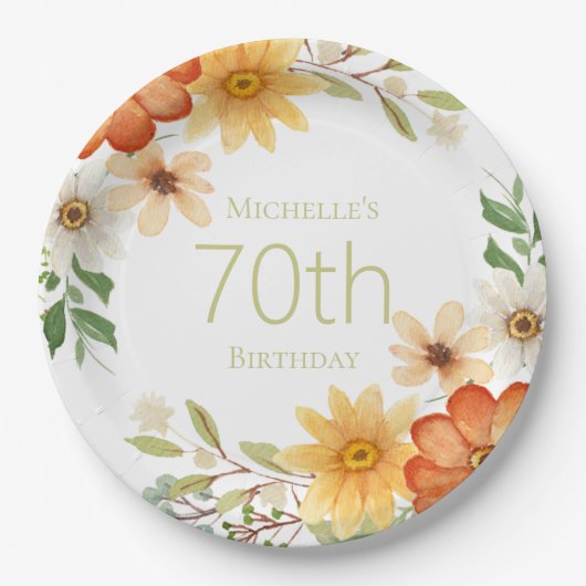 さびかわいらし黄色い白い花70誕生日 ペーパープレート (正面)