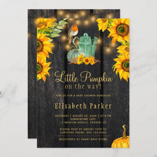 さびしい秋の赤ちゃんシャワーの途中の小さなカボチャ 招待状 (正面/裏面)